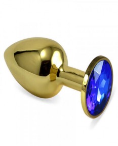 Маленькая золотистая анальная пробка с круглым кончиком и синим кристаллом - 7 см