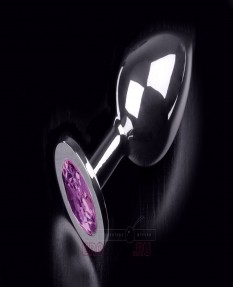 Большая анальная пробка с кристаллом, серебристая, фиолетовый кристалл 