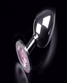 Большая анальная пробка с кристаллом, серебристая, розовый кристалл