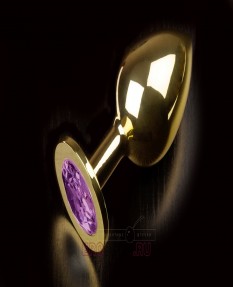 Большая анальная пробка с кристаллом, золотистая 9 см., фиолетовый кристалл