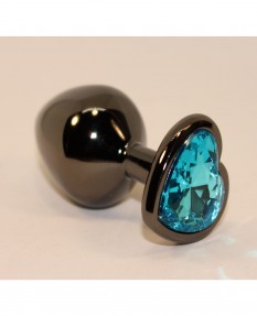 Анальная пробка черного цвета с ярким кристаллом голубого цвета в форме сердечка размер S