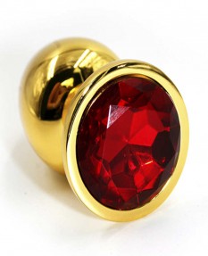 Маленькая золотистая анальная пробка с круглым кончиком и красным кристаллом - 7 см