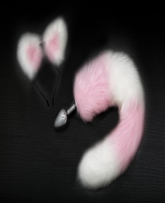Анальная пробка с хвостом и ушками (розовый с белым) 7 см