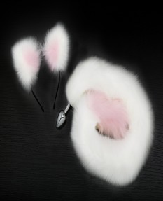 Анальная пробка с хвостом и ушками (белый с розовым) 7 см