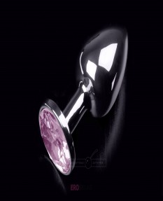 Маленькая серебристая анальная пробка с круглым кончиком и розовым кристаллом - 7 см