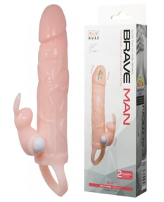 Увеличивающая насадка на пенис с двойной вибрацией и петлей под мошонку телесного цвета Brave Man + 5 см, BI-026225A